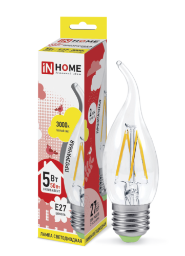 Лампа светодиодная LED-СВЕЧА НА ВЕТРУ-deco 5Вт 230В Е27 3000К 450Лм прозрачная IN HOME | код 4690612007649 | IN HOME