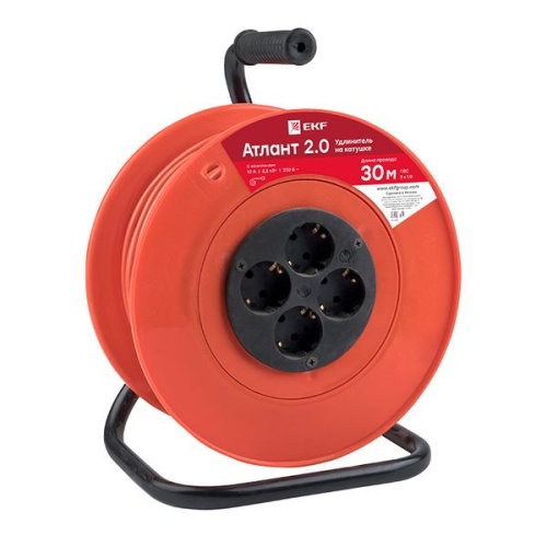 Удлинитель на катушке "Атлант 2,0" 4 гнезда 30м с заземлением ПВС 3*1,0 10А/2,2кВт PROxima | код UKA02-10-310-4-30 | EKF фото 2