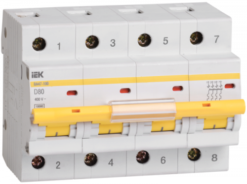 Выключатель автоматический четырехполюсный ВА47-100 100А D 10кА | код. MVA40-4-100-D | IEK 