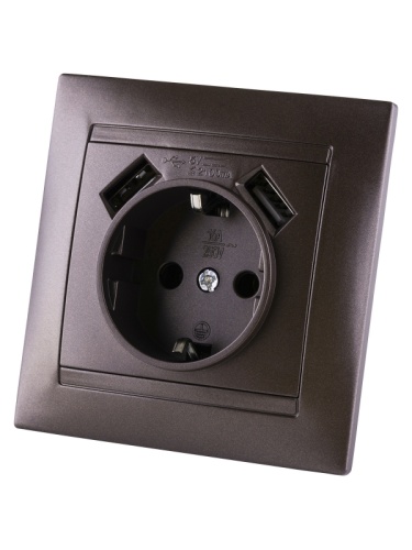 Розетка 2П+З 16А 250В + 2 USB порта 2,1А 5В шоколад Лама TDM | код SQ1815-0542 | TDM