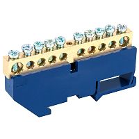 Шина N нулевая с синим изолятором на DIN-рейку 8х12 мм стойка бол. 10 групп REXANT | код 11-2348 | REXANT