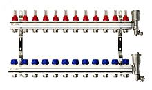 Коллекторная группа FHF-12RF set 12 контуров 1' х 3/4' с расходомерами, воздухоотводчиками и кронштейнами | код 088U0732R | Ридан