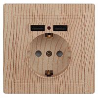 Розетка Intro Plano 1-410-11 с заземлением 2P+E Schuko со шторками, 16А-250В + 2хUSB 5В-2,1А, IP20, СУ, сосна | код Б0053949 | ЭРА