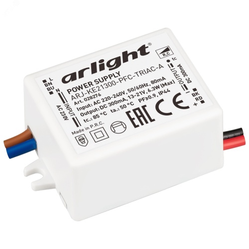Блок питания ARJ-KE21300-PFC-TRIAC-A (6.3W, 300mA) (ARL, IP44 Пластик, 5 лет) | код 28276 | Arlight