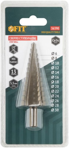 Сверло ступенчатое HSS Co5% (Р6М5К5) пометаллу 13 ступеней 6-30мм FIT 36390 фото 3