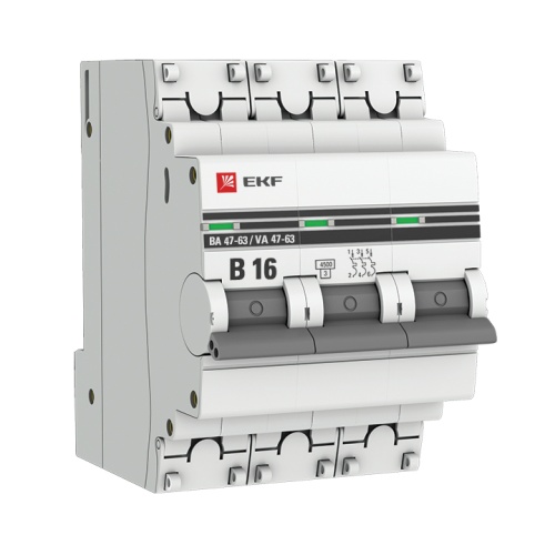 Автоматический выключатель 3P 16А (В) 4,5kA ВА 47-63 PROxima | код mcb4763-3-16B-pro | EKF