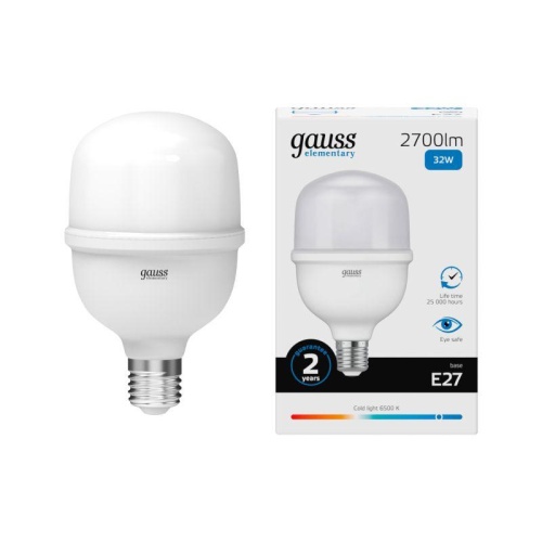 Лампа светодиодная Elementary 32Вт T100 цилиндр 6500К холод. бел. E27 2700лм GAUSS 63233 фото 2