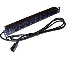 Блок розеток 19, 1-фазный без выключателя, 10A / 250V, 9xSchuko, шнур 3.0 м, разъем C14 | код TWT-PDU19-10A9P4-3.0 | TWT