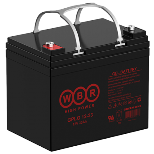 WBR GPLG12-33 Гелиевая аккумуляторная батарея для ИБП, напряжение: 12В, ёмкость: 33Ач, клеммы типа: Под болт М6 / Под болт с гайкой М8, Размеры ДШВ: 195x130x167мм, вес: 10,1кг. Срок службы: 12 лет. | код WBR GPLG12-33 | WBR