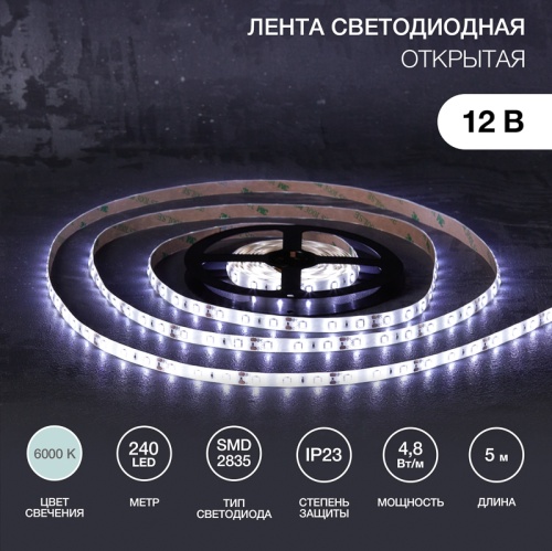 LED лента 12 В, 10 мм, IP23, SMD 2835, 240 LED/m, цвет свечения белый (6000 К) | код 141-211 | LAMPER LED лента 12 В, 10 мм, IP23, SMD 2835, 240 LED/m, цвет свечения белый (6000 К) | код 141-211 | LAMPER