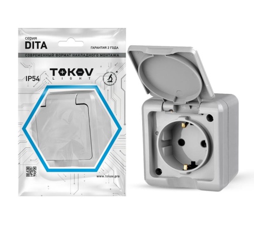 Розетка 1-м ОП Dita 16А IP54 250В с заземл. с крышкой сер. | код. TKL-DT-R1Z-C06-IP54 | TOKOV ELECTRIC