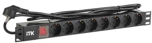 ITK PDU 8 розеток DIN49440 (нем. станд.) с LED выключателем, 1U, шнур 2м вилка DIN49441 (нем. станд.), профиль из ПВХ, черный | код PH12-8D1-P | IEK