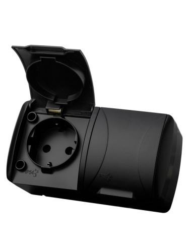 Розетка двойная 2П+3 открытой установки IP54 16А с крышкой графит Селигер TDM | код SQ1818-0314 | TDM