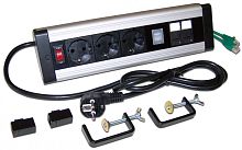 Блок розеток настольный, 1-фазный с выключателем, 16A / 250V, 3xSchuko + 2 USB + 2 порта RJ-45 кат.6, шнур 2.0м, вилка Schuko | код LAN-WA-DC/3G+2UC+2C6 | LANMASTER