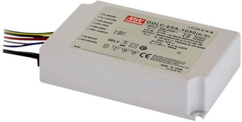 Источник питания AC-DC, 64.4Вт, вход 180…295В AC, 47…63Гц/254…417В DC, ККМ, выход 34…46В/1400мА, изоляция 3750В AC, в кожухе 130х75х25, -20…+85С (корпус), димминг 0...10 В/ШИМ, доп. выход 12В/50 мА | код ODLC-65A-1400 | MeanWell