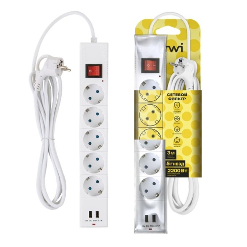 Фильтр сетевой 5х3м с/з со шторками ПВС 3 IP075 2USB 2200Вт 10А бел. | код 32592 5 | Duwi