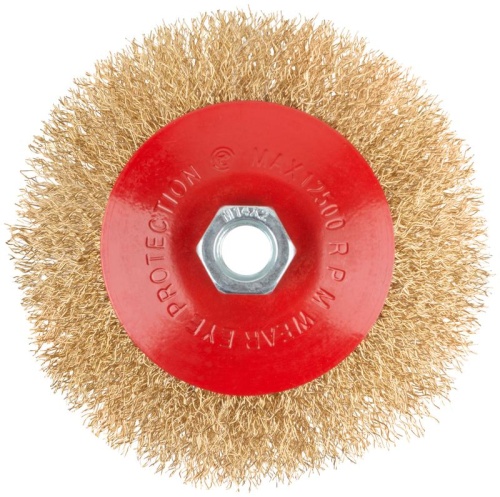Корщетка-колесо с наклоном, гайка М14, стальная волнистая латунированная проволока 125 мм | код 39023 | FIT фото 2