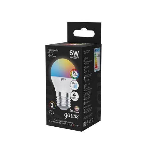Лампа светодиодная LED 6 Вт 440 лм RGBW шар P45 E27 AC 220В RGBW и димирование от пульта Black Gauss | код 105102406 | Gauss