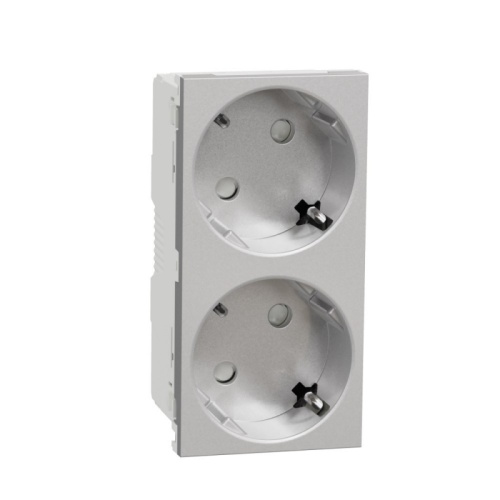 Unica Modular Розетка 2х(2К+З) 45гр, шторки, безвинтовые клеммы АЛЮМИНИЙ | код NU306630 | Systeme Electric