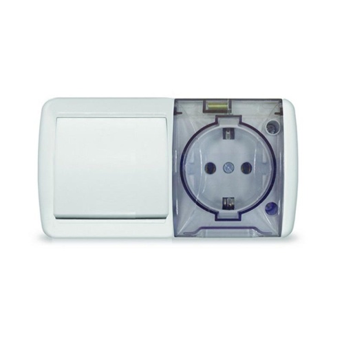 Блок ОП Клио 1-кл. выкл. 10А + розетка 1-м 16А 250В с заземл. с прозр. крышкой бел. Universal К2237 Блок ОП Клио 1-кл. выкл. 10А + розетка 1-м 16А 250В с заземл. с прозр. крышкой бел. Universal К2237