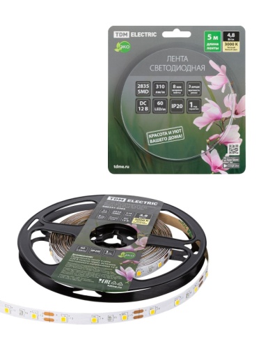 Лента светодиодная SMD2835-60 LED/м-IP20-12 В-4,8 Вт/м-3000 К (5 м) блистер TDM | код SQ0331-0364 | TDM