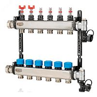 Коллектор из нержавеющей стали, регулируемый расходомер, воздухоотводчик, дренаж и клапан заполнения, 1” - 7 x 3/4” | код UFH-0605MDSS07 | Henco