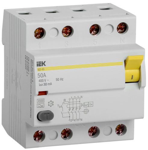 Выключатель дифференциального тока (УЗО) ВД1-63 4Р 50А 30мА А(Электромеханическое) | код MDV11-4-050-030 | IEK