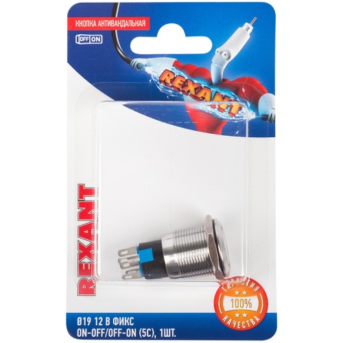 Кнопка антивандальная 19 12В Фикс (5с) ON-OFF/OFF-ON подсв/красная REXANT (в упак. 1шт.) | код 06-0365-B | REXANT