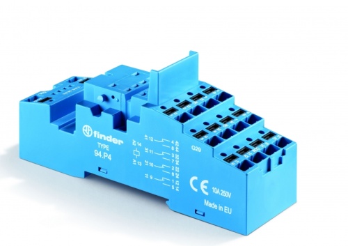 Розетка с безвинтовыми клеммами Push-in для реле 55.32, 55.34, таймера 85.02, 85.04, применяются модули 86.00, 99.02, в комплекте металлическая клипса 094.71, версия: синий цвет | код 94P4SMA | FINDER