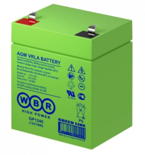 WBR GP1245 (12V16W) Аккумуляторная батарея для ИБП, напряжение: 12В, ёмкость: 4,5Ач, клеммы типа: F1, Размеры ВШГ: 107x70x90мм, вес: 1,6кг. Срок службы: 8 лет. | код WBR GP1245 (12V16W) | WBR