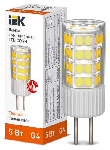 Лампа светодиодная CORN капсула 5Вт 230В 3000К керамика G4 | код LLE-CORN-5-230-30-G4 | IEK