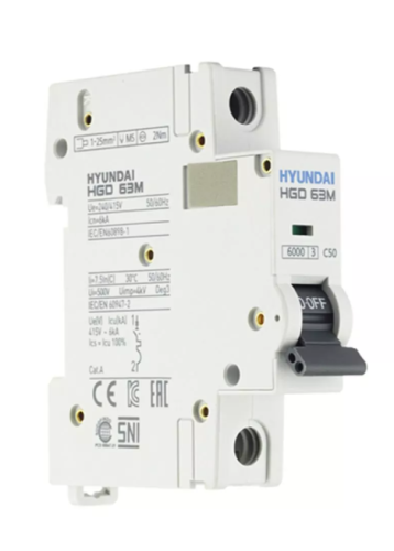 Автоматический выключатель HGD63-M 1PMCS0000C 00050 1 полюс, 50А, ток к.з. 6kA, хар-ка C (STANDARD) | код 13.04.000973 | HYUNDAI Автоматический выключатель HGD63-M 1PMCS0000C 00050 1 полюс, 50А, ток к.з. 6kA, хар-ка C (STANDARD) | код 13.04.000973 | HYUNDAI