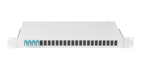 Кросс оптический 19, 1U, укомплектованныйна 8 портов LC/UPC(4 двойных LC/UPC адаптера), SM 9/125 OS2, стальной, серый, в комплекте: адаптеры,монтажные шнуры 1м, сплайс-кассета с крышкой, гильзы, заглушки | код NMF-RP08LCUS2-WS-ES-1U-GY | NIKOMAX