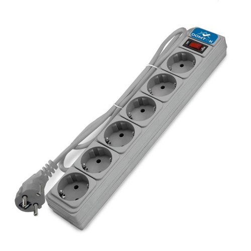 Удлинитель с сетевым фильтром 6х5м с заземл 10А IP20 2.2кВт ПВС 3х1 с выкл. сер. DOMTOK 2520