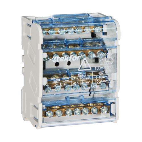 Шина нулевая в корпусе на DIN-рейку SNK-2-4-07-Ni, никелированная, в корпусе 4 шины по 7отв., крепление на DIN-рейку | код A8300-06-09-010 | РЕЛЕ И АВТОМАТИКА