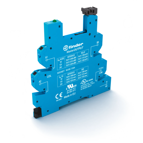 Розетка MasterOUTPUT с безвинтовыми клеммами Push-in для реле 34 серии, питание 230-240В АС, в комплекте пластиковая клипса, опции: LED | код 93658230 | FINDER