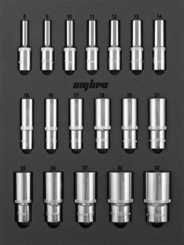 OMT18STE Набор головок торцевых глубоких 1/2 DR в EVA ложементе 280х375 мм, 18 предметов | код OMT18STE | Ombra