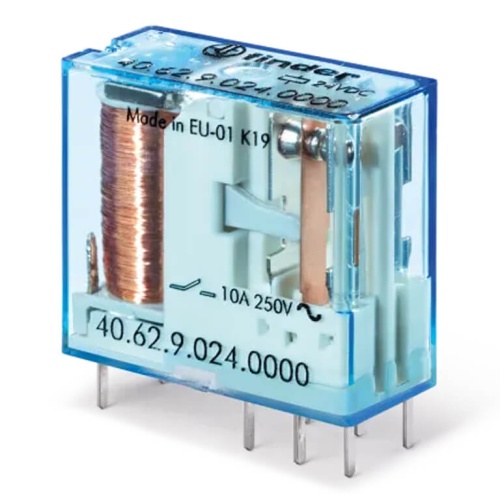 Миниатюрное универсальное электромеханическое реле, монтаж на печатную плату или в розетку, выводы с шагом 5мм, 2CO 10A, контакты AgNi, катушка 12В DC, степень защиты RTII | код 406290120000 | FINDER