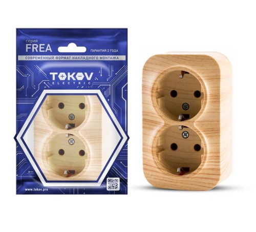 Розетка 2-м ОП Frea 16А IP20 250В с заземл. АБС-пластик сосна | код TKE-FR-R2Z-C25 | TOKOV ELECTRIC