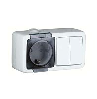 Alfa Блок с пылевлагозащитой, розетка одноместная, со шторками, с заземляющими контактами, выключатель двухклавишный, белый | код БА16-222 | HEGEL