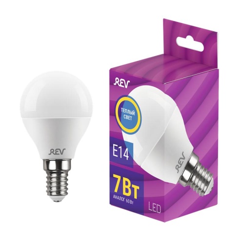 Лампа светодиодная G45 7Вт шар 2700К тепл. бел. E14 600лм 180-240В | код 32340 2 | REV Лампа светодиодная G45 7Вт шар 2700К тепл. бел. E14 600лм 180-240В | код 32340 2 | REV