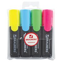 Текстмаркеры BRAUBERG, НАБОР 4 шт., АССОРТИ, Contract, классические, скошенный наконечник 1-5 мм, 150394 | код 150394 | BRAUBERG