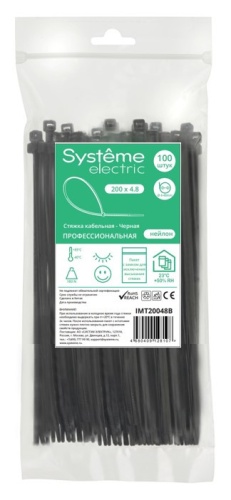 Стяжка кабельная нейлоновая 200х4.8 Чёрная (100шт) в пакете с замком ЗИП-ЛОК | код IMT20048B | Systeme Electric Стяжка кабельная нейлоновая 200х4.8 Чёрная (100шт) в пакете с замком ЗИП-ЛОК | код IMT20048B | Systeme Electric