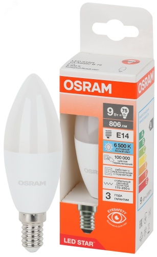 Лампа светодиодная LED Star Свеча 9Вт (замена 75Вт), 806Лм, 6500К, цоколь E14 OSRAM | код 4058075696839 | LEDVANCE