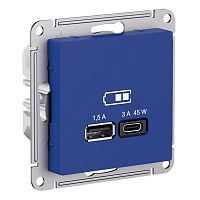 ATLASDESIGN USB РОЗЕТКА A + тип-C 45Вт высокоскор.заряд. QC,PD, механизм,АКВАМАР | код ATN001129 | Systeme Electric