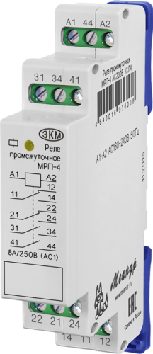 Промежуточные реле МРП-4 АС230В УХЛ4 на ДИН рейку, 2 переключающих контакта + НО, максимальный коммутируемый ток 8А, корпус 1 модуль МЕАНДР | код 4640016936038 | МЕАНДР