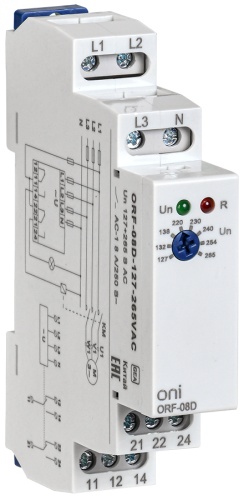 Реле контроля фаз ORF-08D 3 фазы 2 контакта 127-265В AC с контролем нейтрали ONI | код ORF-08D-127-265VAC | IEK