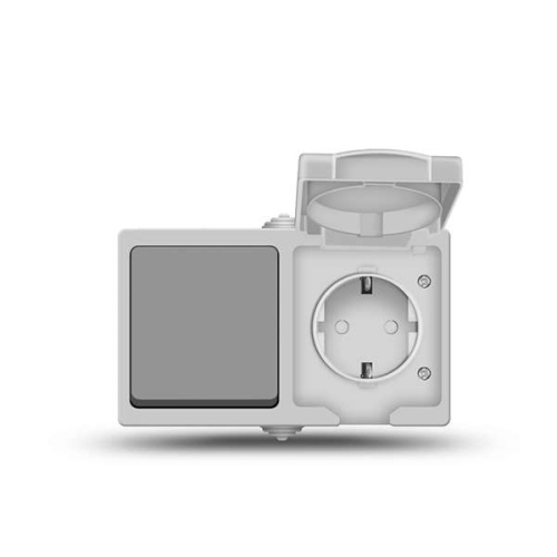 Блок горизонтальный Аллегро выключатель 1 клавиша+розетка с заземлением с защитными шторками IP54 с крышкой серый | код 1273 | Universal