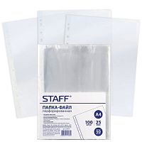 Папки-файлы перфорированные, А4, STAFF, комплект 100 шт., гладкие, 25 мкм, 224814 | код 224814 | STAFF