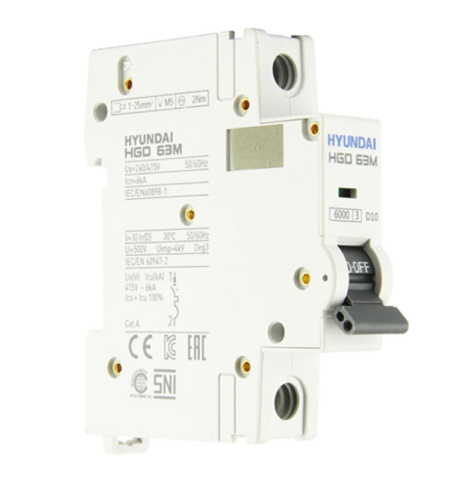 Автоматический выключатель HGD63-M 1PMDS0000C 00010 1 полюс, 10А, ток к.з. 6kA, хар-ка D (STANDARD) | код 13.04.000966 | HYUNDAI Автоматический выключатель HGD63-M 1PMDS0000C 00010 1 полюс, 10А, ток к.з. 6kA, хар-ка D (STANDARD) | код 13.04.000966 | HYUNDAI